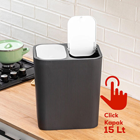 Perotti 13255 Click Kapak Siyah-Beyaz İki Bölmeli Modern Çöp Kovası 15LT