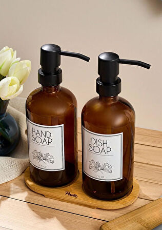 Lozione 2’li Mutfak Sıvı Sabunluk Seti - Bambu Stantlı Sıvı Sabunluk Takımı - 2x500 ML, Siyah Amber
