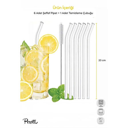 Perotti Straw 6'lı Şeffaf Cam Eğimli Isıya Dayanıklı (Borosilikat) Pipet Ve 1 Adet Pipet Temizleme Fırçası