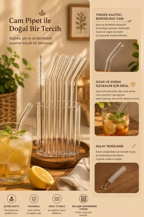 Perotti Straw 6'lı Şeffaf Cam Eğimli Isıya Dayanıklı (Borosilikat) Pipet Ve 1 Adet Pipet Temizleme Fırçası
