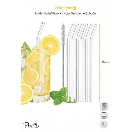 Perotti Straw 6'lı Şeffaf Cam Eğimli Isıya Dayanıklı (Borosilikat) Pipet Ve 1 Adet Pipet Temizleme Fırçası