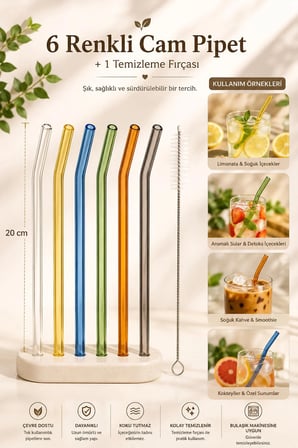 Perotti Straw 6'lı Renkli Cam Eğimli Isıya Dayanıklı (Borosilikat) Pipet Ve 1 Adet Pipet Temizleme Fırçası