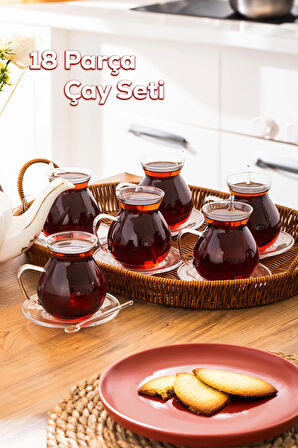 Perotti 16475 Keyfi Ala 18 Parça 6 Kişilik Çay Seti – 200 ml Borosilikat Cam Kulplu Tombik Bardak ve Cam Çay Tabağı Takımı
