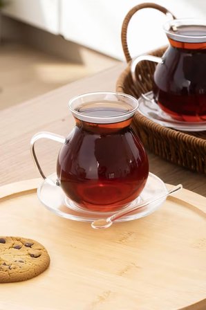 Perotti 16475 Keyfi Ala 18 Parça 6 Kişilik Çay Seti – 200 ml Borosilikat Cam Kulplu Tombik Bardak ve Cam Çay Tabağı Takımı