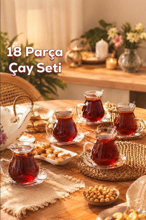 Perotti 16475 Keyfi Ala 18 Parça 6 Kişilik Çay Seti – 200 ml Borosilikat Cam Kulplu Tombik Bardak ve Cam Çay Tabağı Takımı