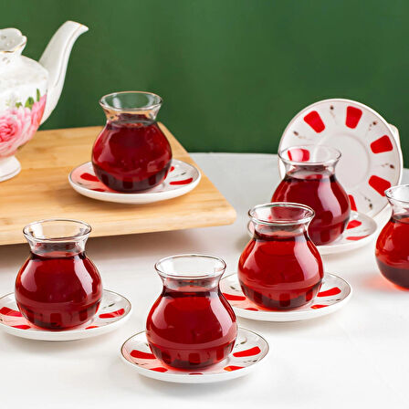 Perotti 17898 Filiz 12 Parça 6 Kişilik Çay Seti – 210 ml Borosilikat Cam Tombik Bardak ve Porselen Çay Tabağı Takımı