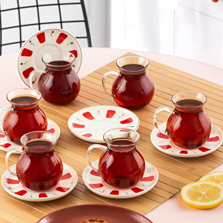 Perotti 17899 Filiz 12 Parça 6 Kişilik Çay Seti – 210 ml Borosilikat Cam Kulplu Tombik Bardak ve Porselen Çay Tabağı Takımı