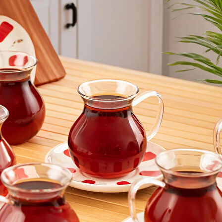 Perotti 17899 Filiz 12 Parça 6 Kişilik Çay Seti – 210 ml Borosilikat Cam Kulplu Tombik Bardak ve Porselen Çay Tabağı Takımı