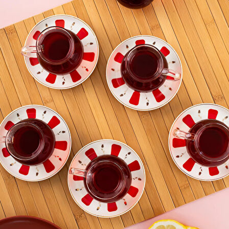 Perotti 17899 Filiz 12 Parça 6 Kişilik Çay Seti – 210 ml Borosilikat Cam Kulplu Tombik Bardak ve Porselen Çay Tabağı Takımı