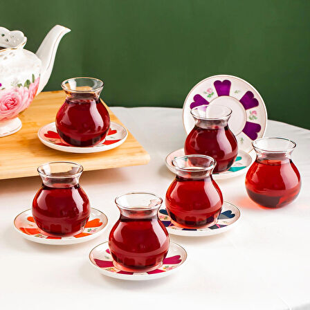 Perotti 17900 Beyoğlu 12 Parça 6 Kişilik Çay Seti – 210 ml Borosilikat Cam Tombik Bardak ve Porselen Çay Tabağı Takımı
