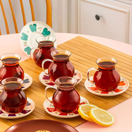 Perotti 17901 Beyoğlu 12 Parça 6 Kişilik Çay Seti – 210 ml Borosilikat Cam Kulplu Tombik Bardak ve Porselen Çay Tabağı Takımı