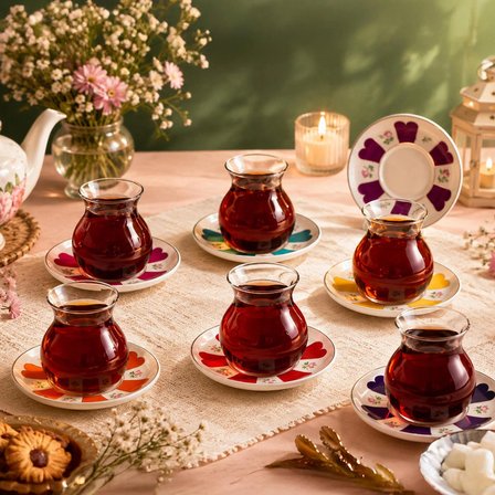 Perotti 17901 Beyoğlu 12 Parça 6 Kişilik Çay Seti – 210 ml Borosilikat Cam Kulplu Tombik Bardak ve Porselen Çay Tabağı Takımı