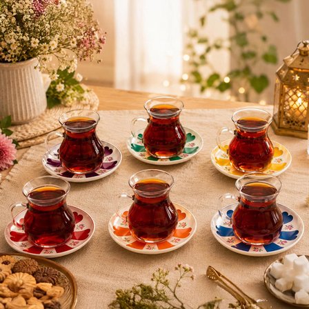 Perotti 17901 Beyoğlu 12 Parça 6 Kişilik Çay Seti – 210 ml Borosilikat Cam Kulplu Tombik Bardak ve Porselen Çay Tabağı Takımı