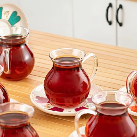 Perotti 17901 Beyoğlu 12 Parça 6 Kişilik Çay Seti – 210 ml Borosilikat Cam Kulplu Tombik Bardak ve Porselen Çay Tabağı Takımı