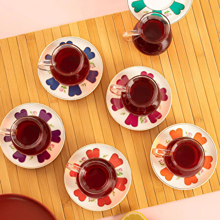 Perotti 17901 Beyoğlu 12 Parça 6 Kişilik Çay Seti – 210 ml Borosilikat Cam Kulplu Tombik Bardak ve Porselen Çay Tabağı Takımı