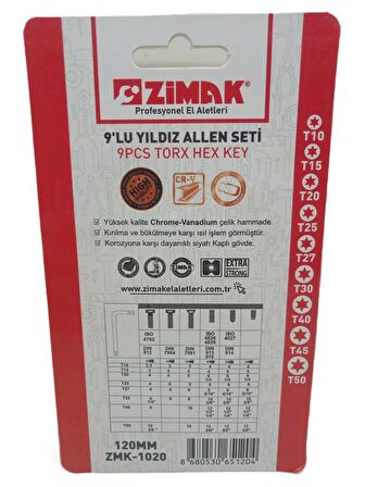 Zimak 9lu Torx Alyan Seti Mıknatıslı 120mm Zmk1020