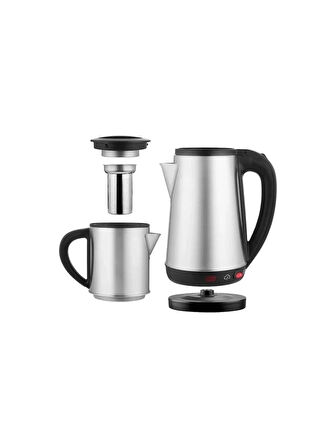 Crown CRW-2201 1800W 1.8 - 0.8 Litre Çelik Hazneli Çaycı Mutfak Kettle Demlikli ve Süzgeçli Inox