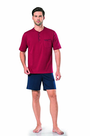 %100 Pamuk Erkek Kısakollu Şortlu Bordo 3'lü Penye Pijama Takımı