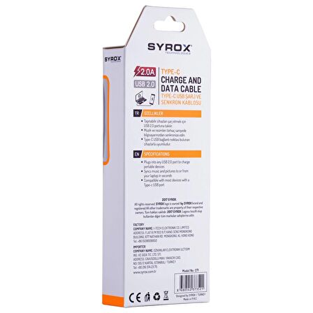 Syrox 2.0A Type-C 1.2M Şarj & Data Kablo C71