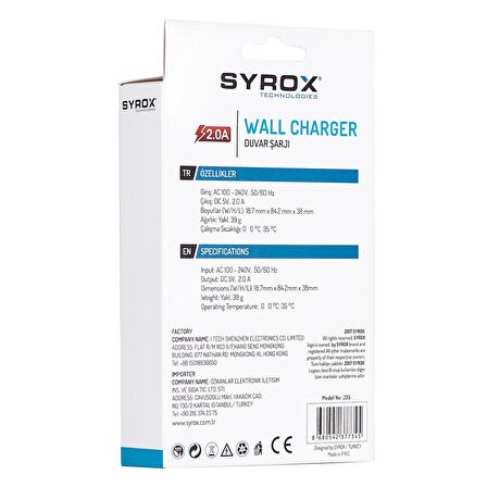 Syrox J35 2.1A 1xUSB-A Port Çıkışlı Hızlı Şarj Cihazı - Beyaz