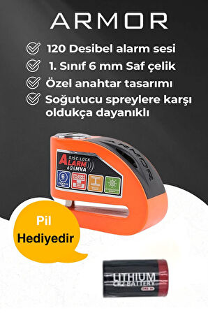 Armor 606MVA 6 Mm Uyumlu 120 Desibel Motosiklet Alarmlı Disk Kilidi Kesilmez Çelik