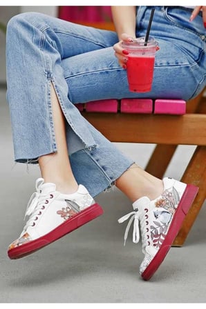 Kadın Vegan Deri Beyaz Sneakers - Magic In The Air Tasarım