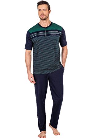 %100 Pamuklu Yakası Düğmeli Jakarlı 3'lü Kısakol Erkek Pijama Takım