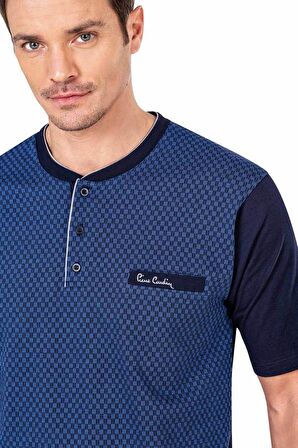 %100 Pamuklu Yuvarlak Yaka Düğmeli Jakarlı 3'lü Kısakol Erkek Pijama Takım