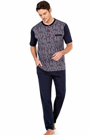 %100 Pamuklu Yakası Cepli Düğmeli Jakarlı 3'lü Kısakol Erkek Pijama Takım