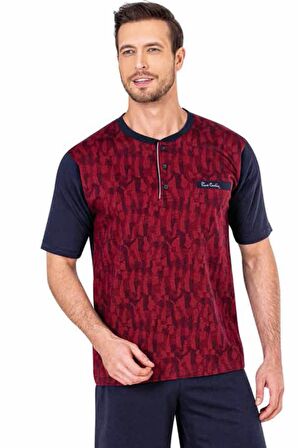 %100 Pamuklu Yakası Cepli Düğmeli Jakarlı 3'lü Kısakol Erkek Pijama Takım