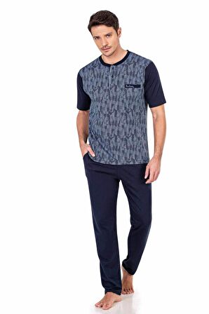 Pamuklu Yakası Cepli Düğmeli Jakarlı 3'lü Kısakol Erkek Pijama Takım