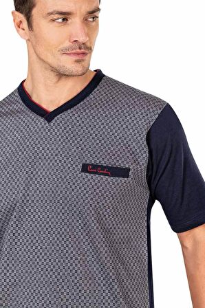%100 Pamuklu V Yaka Jakarlı 3'lü Kısakol Yazlık Erkek Pijama Takım