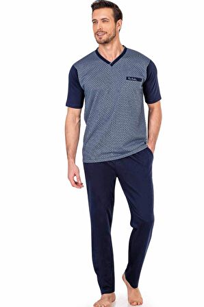 %100 Pamuklu V Yaka Jakarlı 3'lü Kısakol Yazlık Erkek Pijama Takım