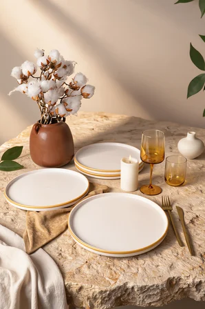 Keramika Mat Beyaz Gold Fileli Stackable Servis Tabağı 27 Cm 4 Adet