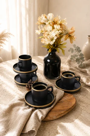 Keramika Mat Siyah Gold Fileli Stackable Çay Takımı 8 Parça 4 Kişilik