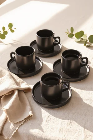 Keramika Mat Siyah Stackable Çay Takımı 8 Parça 4 Kişilik