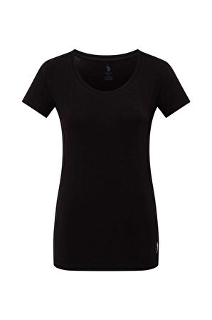 . Kadın Siyah Derin Yuvarlak Yaka T-Shirt
