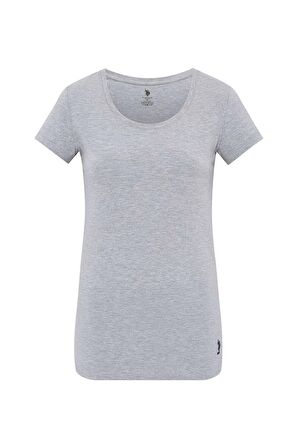 . Kadın Gri Melanj Derin Yuvarlak Yaka T-Shirt