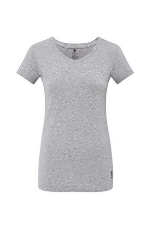 . Kadın Gri Melanj Kısa Kollu V Yaka T-Shirt