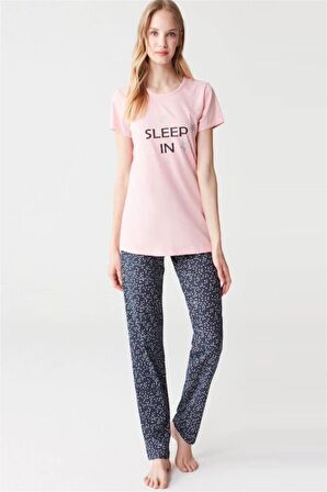 Mod 3287 Pamuklu Sıfır Yaka Kısa Kol Bayan Pijama Takım Pembe-XL