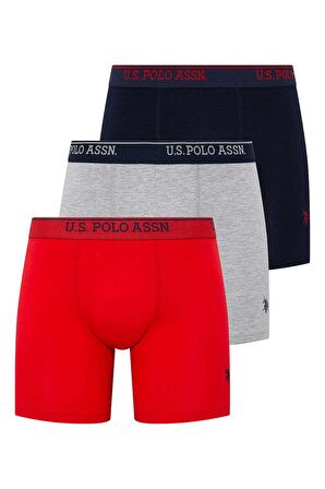 . Erkek Kırmızı - Gri Melanj - Lacivert 3 Lü Uzun Paçalı Boxer