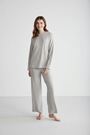 U.S. POLO ASSN. - Kadın Gri Melanj Yuvarlak Yaka Pijama Takımı 