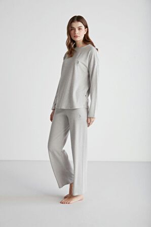U.S. POLO ASSN. - Kadın Gri Melanj Yuvarlak Yaka Pijama Takımı 