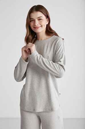 U.S. POLO ASSN. - Kadın Gri Melanj Yuvarlak Yaka Pijama Takımı 