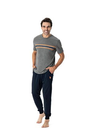 . Erkek Antrasit Melanj Yuvarlak Yaka Pijama Takımı