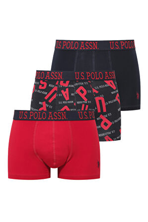  Erkek Lacivert - Kırmızı - Baskılı 3 lü Boxer 