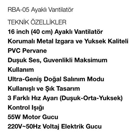 Rubenis RBA-05 Işıklı Ayaklı Vantilatör