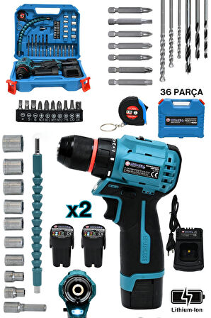 Mur-9013 16,8v Kömürsüz Motor Çelik Mandren 36 Parça Şarjlı Matkap Akülü Vidalama Seti