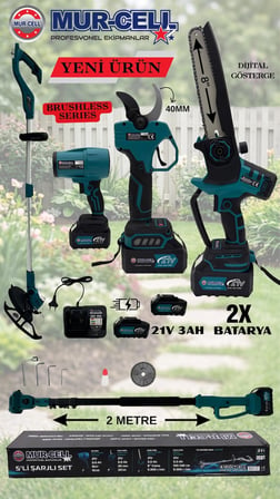 21V  3AH KÖMÜRSÜZ DİJİTAL GÖSTERGELİ 5'Lİ BAHÇE SETİ ŞARJLI MAKAS-ÇİM BİÇME-TESTERE-HAVA ÜFLEME-SIRIK