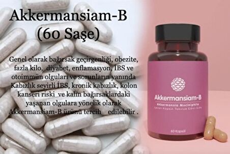 Akkermansiam-B (60 Kapsul) - obezite, fazla kilo, diyabet, enflamasyon,Kabızlık seyirli İBS, kronik kabızlık, kolon kanseri riski.